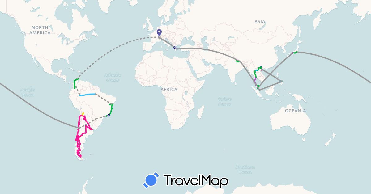 TravelMap itinerary: driving, bus, plane, train, hiking, boat, amunche, 4x4, scooter, tricycle in Argentina, Bolivia, Brazil, Switzerland, Chile, Colombia, Greece, Japan, Laos, Malaysia, Nepal, Philippines, Singapore, Thailand, Vietnam (Asia, Europe, South America)